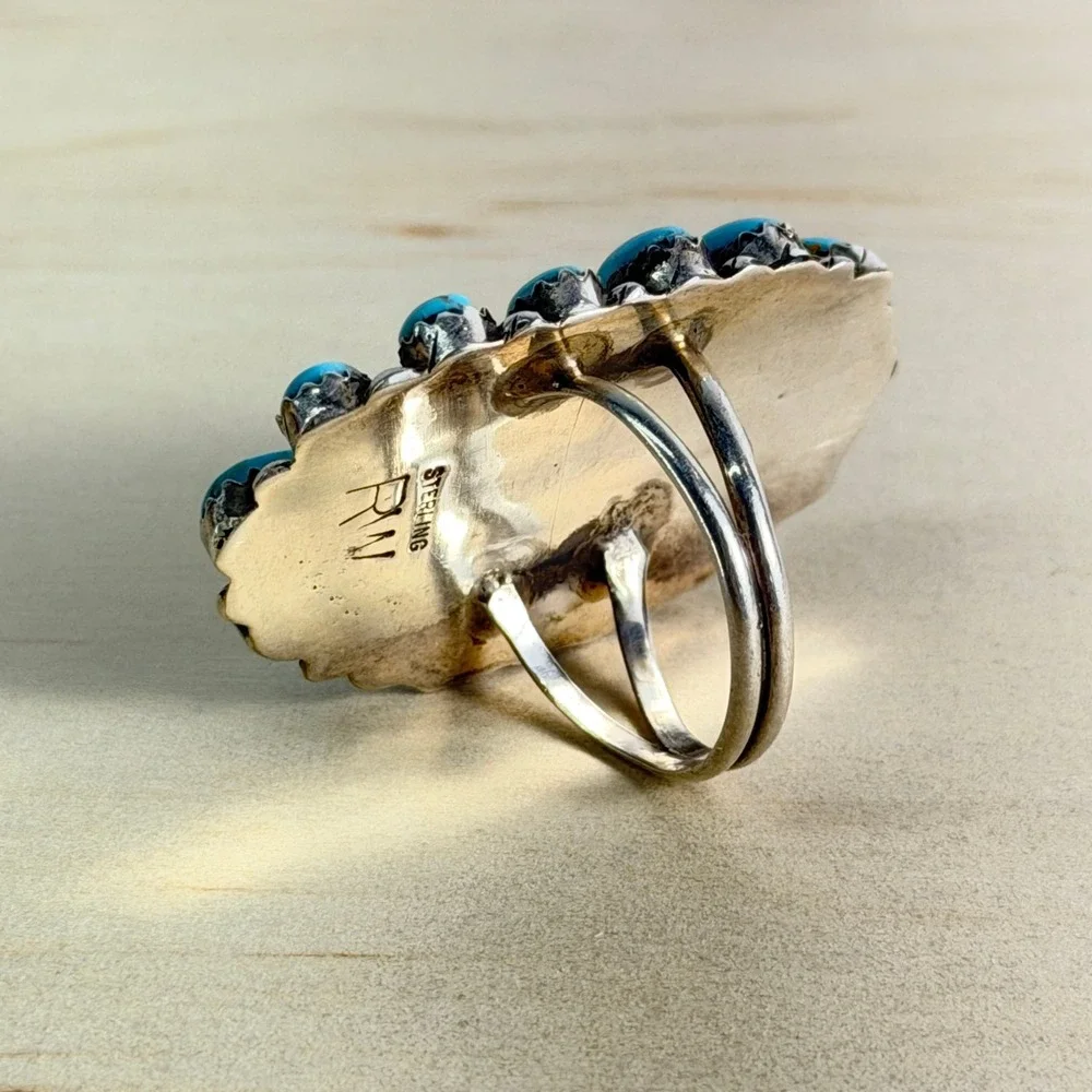 Navajo Turquoise Cluster Ring Rosanna Williams Signed Sterling Silver Southwest